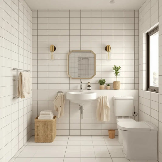 Clean organized bathroom in Pakistan with wall mounted storage