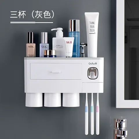 Bathroom organization with toothbrush holder and storage accessories