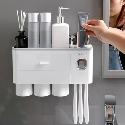 Bathroom organization with toothbrush holder and storage accessories
