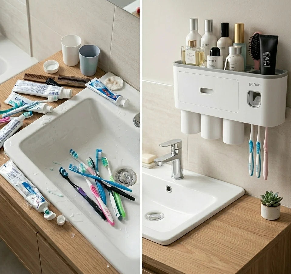 Toothbrush holder with compartments for toothpaste and brushes